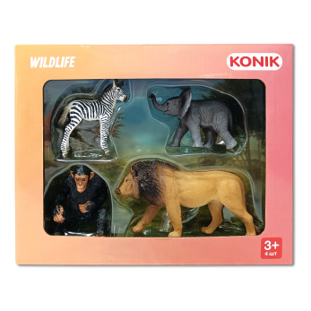 Набор фигурок Konik Дикие животные: лев, шимпанзе, слонёнок, зебра