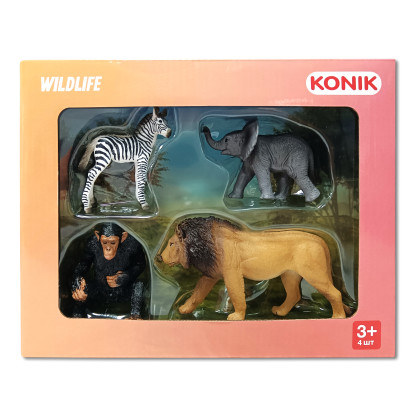 Набор фигруок Konik Дикие животные: лев, шимпанзе, слонёнок, зебра